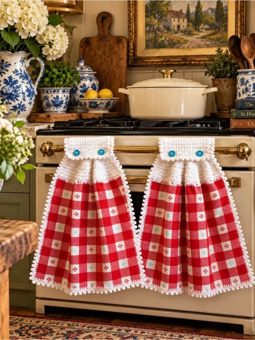 Pioneer Woman Crochet Hanging Kitchen Towels Pair Red Check